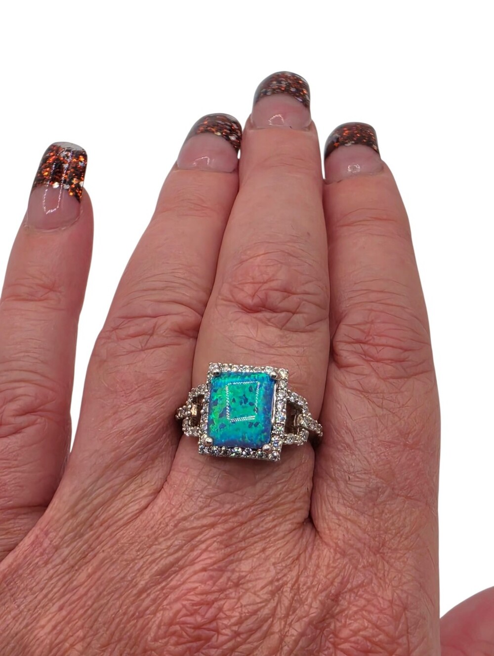 Solid .925 Sterling Silver Radiant Shape Blue Fire Opal & CZ Ring - Picture 2 of 4